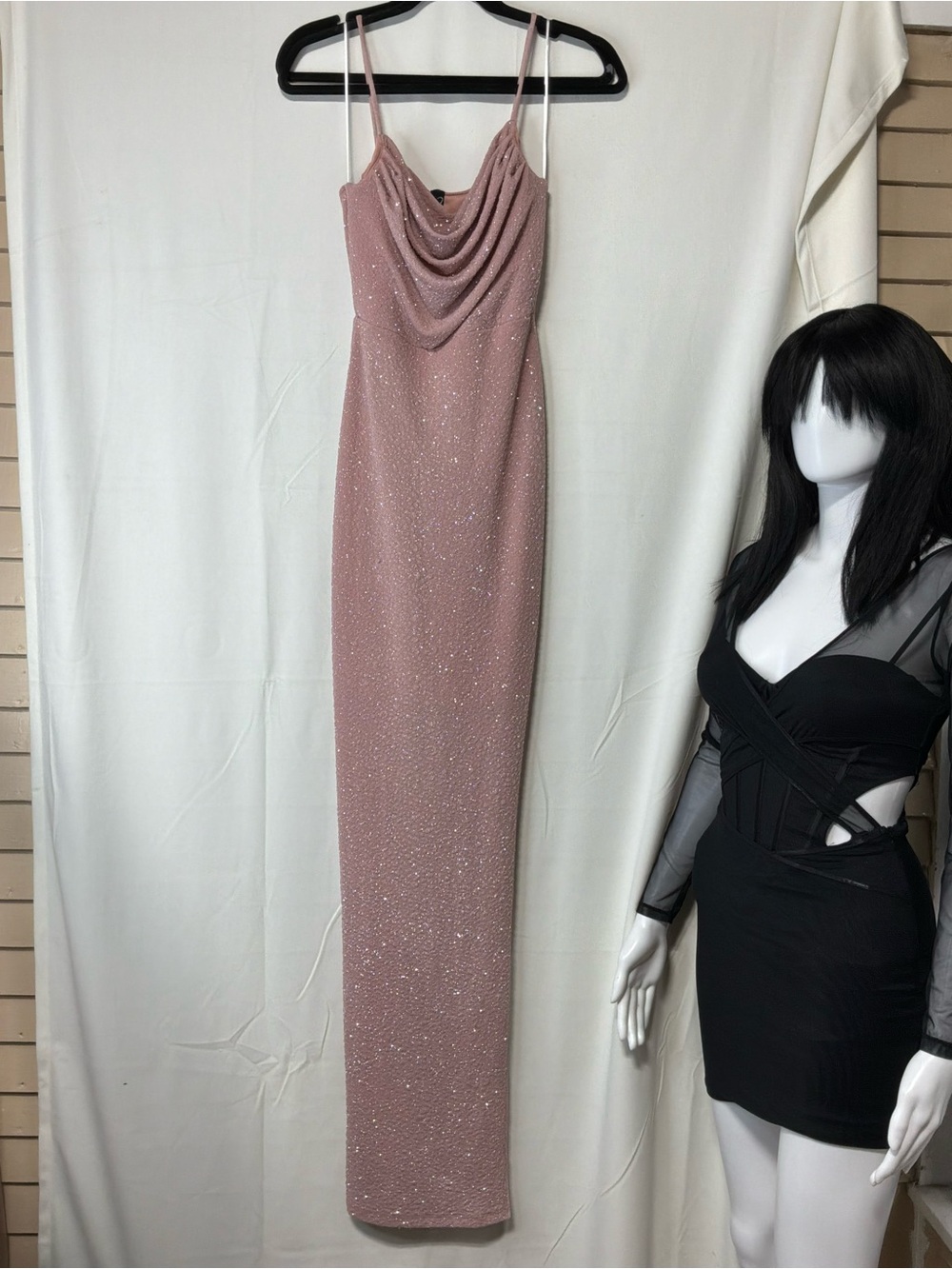 Windsor Sparkle Cowl-Neck Maxi Dress in Dusty Pink